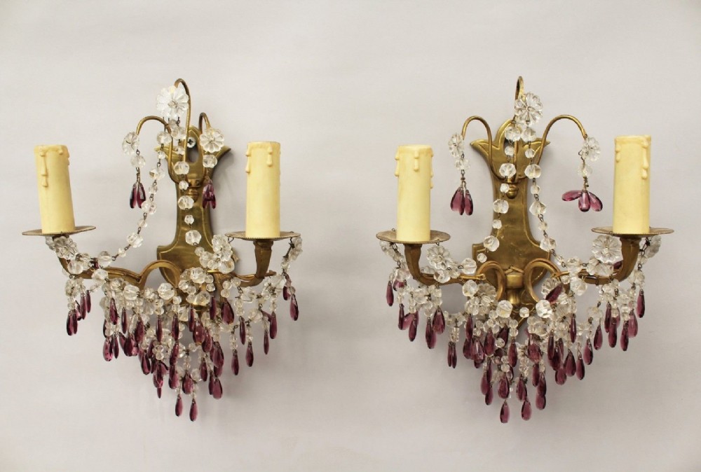 Pretty Pair of Antique Amethyst Glass Wall Lights