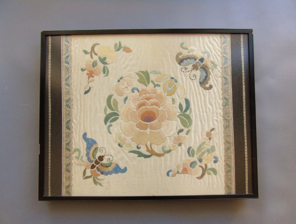Pretty 19th Century Embroidered Panel With Butterflies