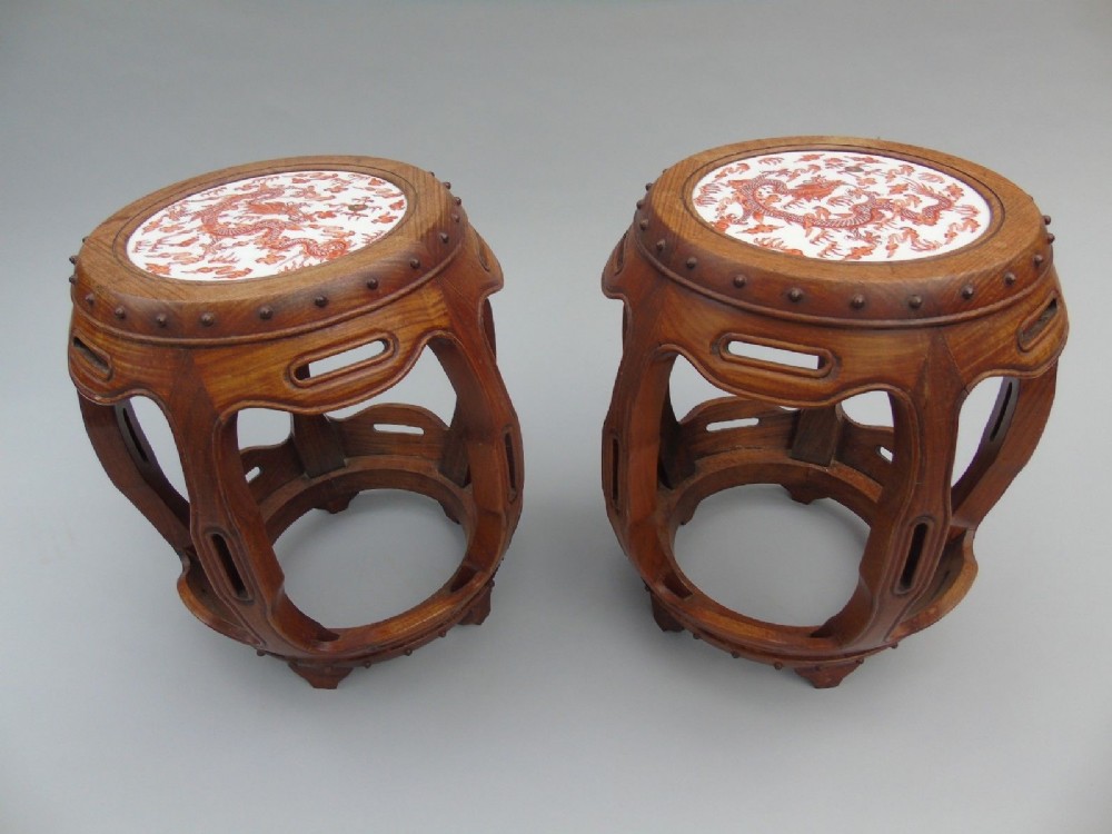 Pair of Antique Chinese Hardwood Barrel Stools Porcelain Inset Dragons