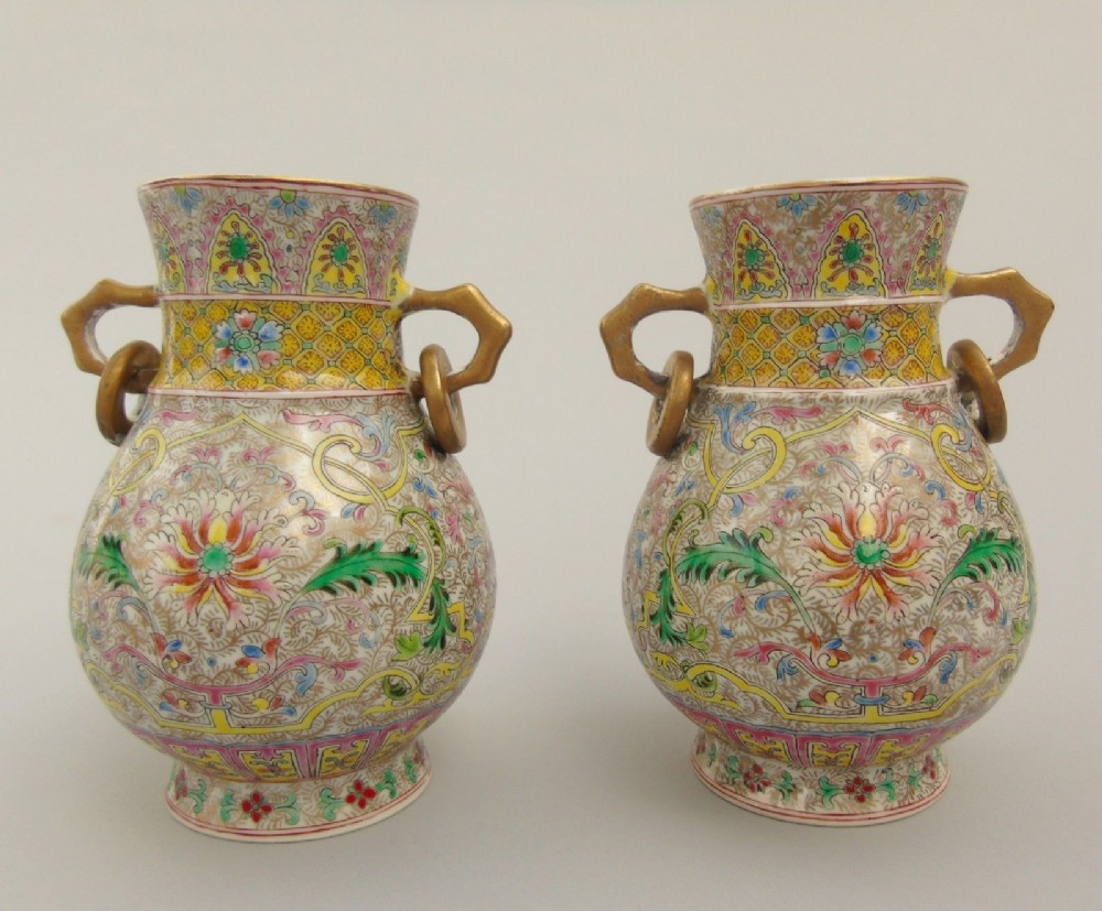 Quality Pair of Antique Chinese Famille Rose Enamelled Vases