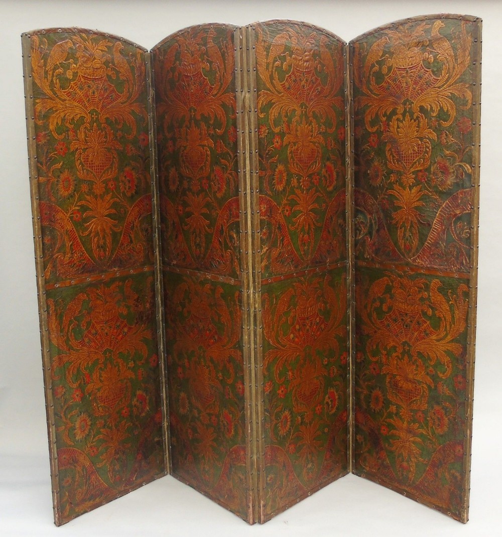 Antique Leather Four Fold Screen Victorian Aesthetic Period