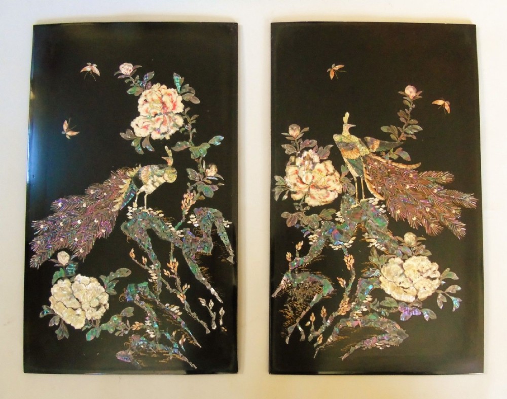 Pair of Japanese Meiji Shibayama Lacquer Plaques with Mother of Pearl