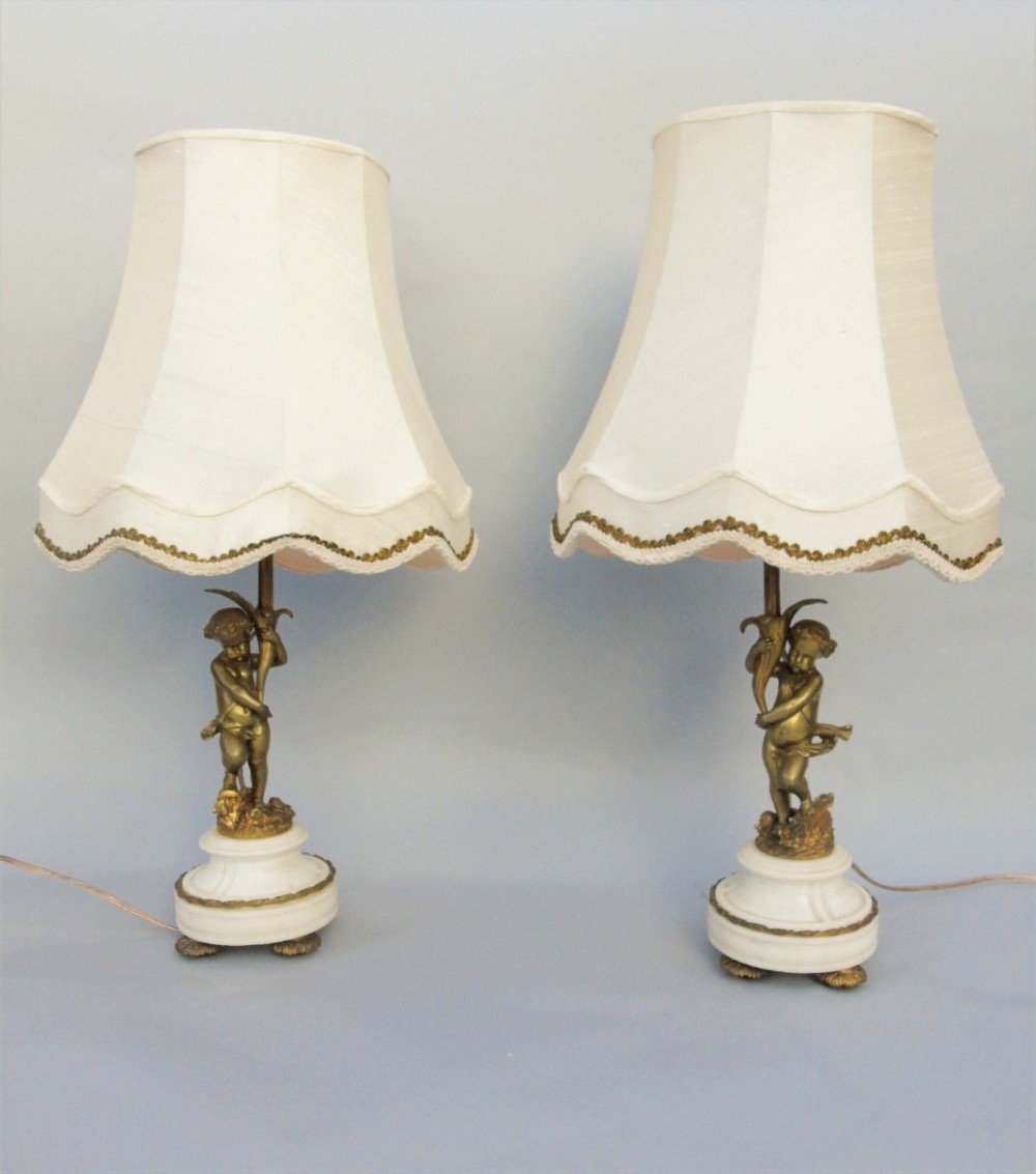 Pair of French Gilt Bronze & Marble Cherub Table Lamps