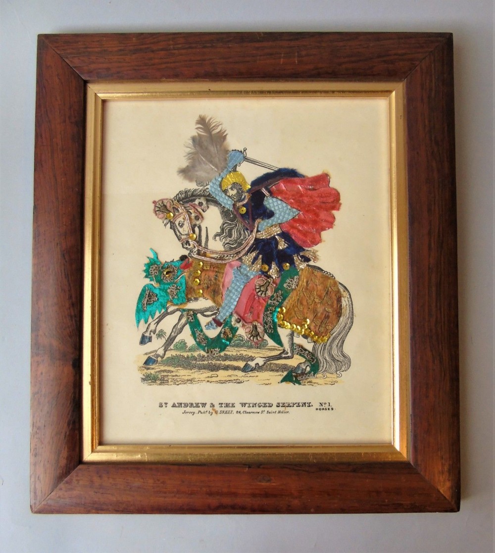 Antique Victorian Tinsel Picture St. Andrew and the Winged Serpent