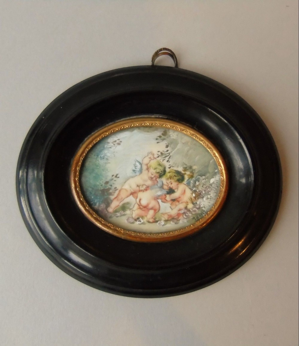 Antique Hand Painted Cherub Watercolour on Ivory Oval Frame