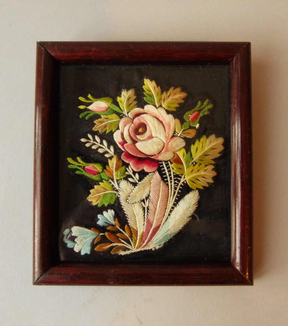 Antique Framed Miniature Embroidery of Rose