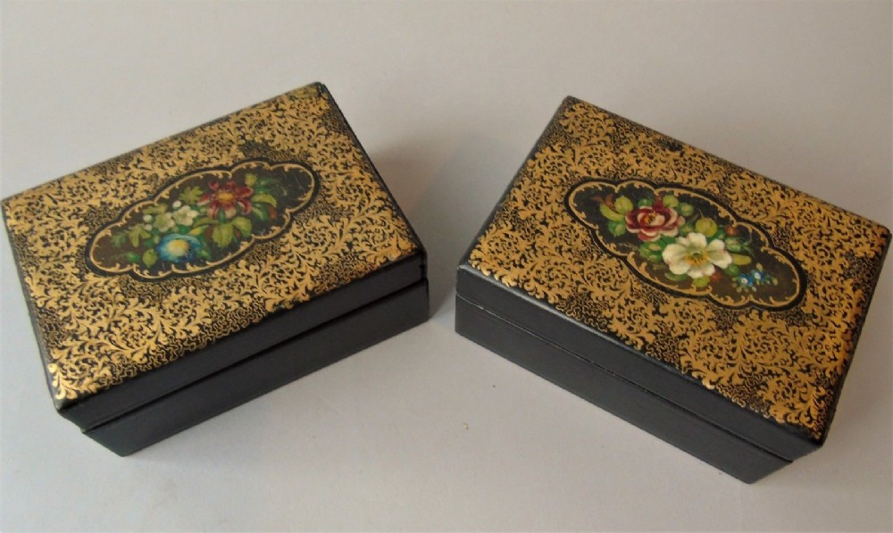 Pair Antique Hand Painted Papier Mache Trinket Boxes