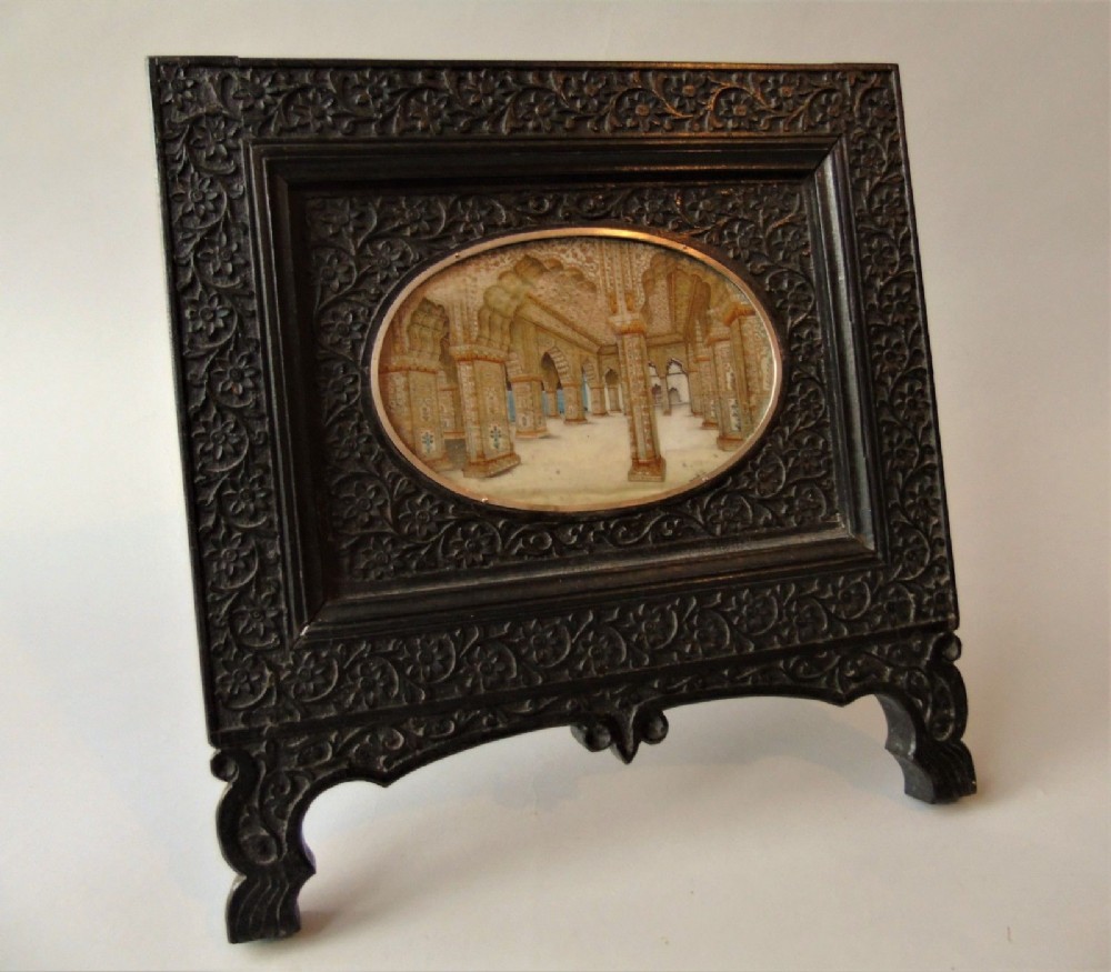 Antique Painting on Ivory Jaipur City Palace in Carved Hardwood Frame