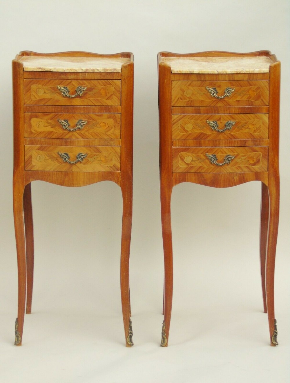 Antique Pair of French Kingwood & Marble Bedside Cabinets