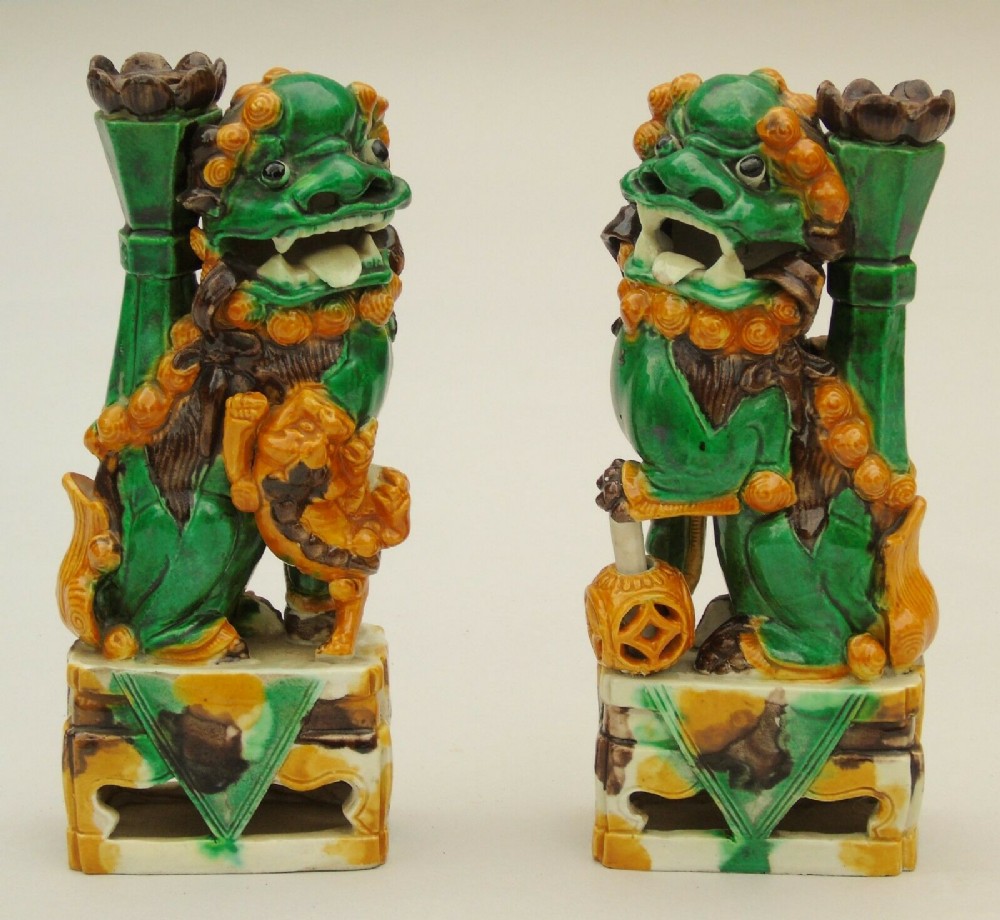 Pair of Antique Chinese Tang Sancai Buddhist Lions