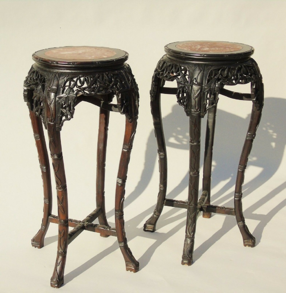 Large Pair Of Antique Chinese Hardwood Stands with Rouge Marble