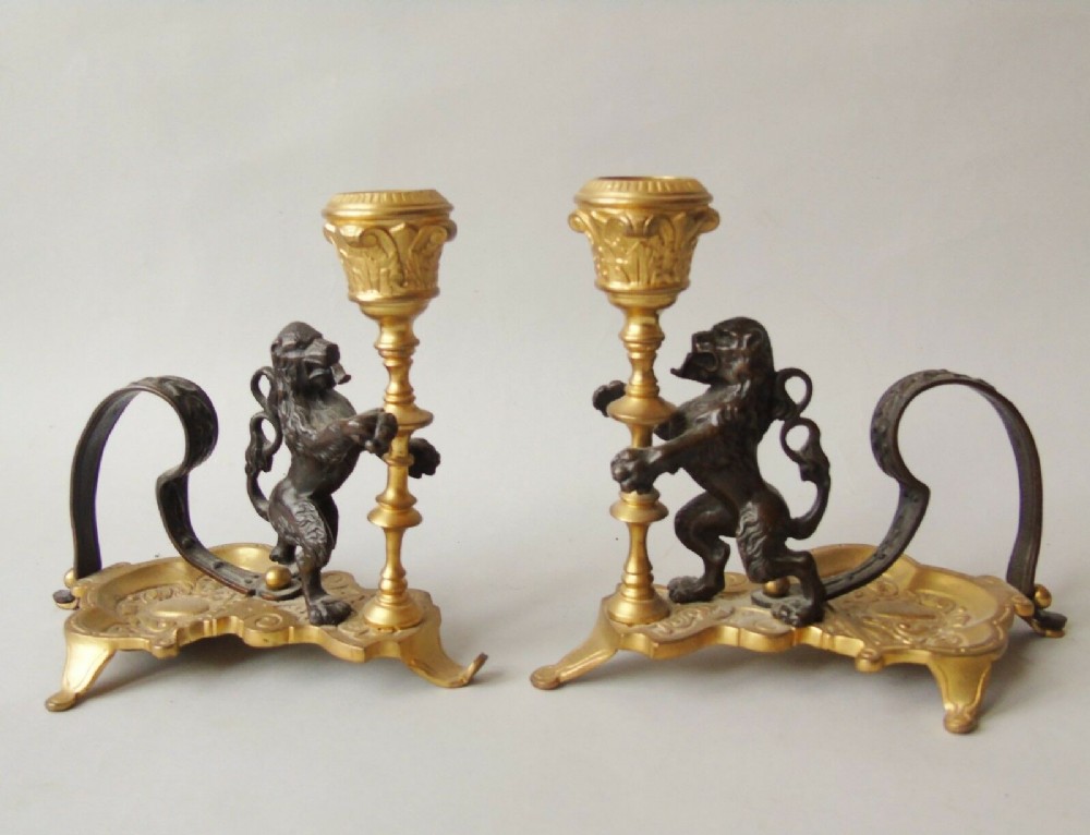 19th Century Gilt Bronze Rampant Lion Candlesticks