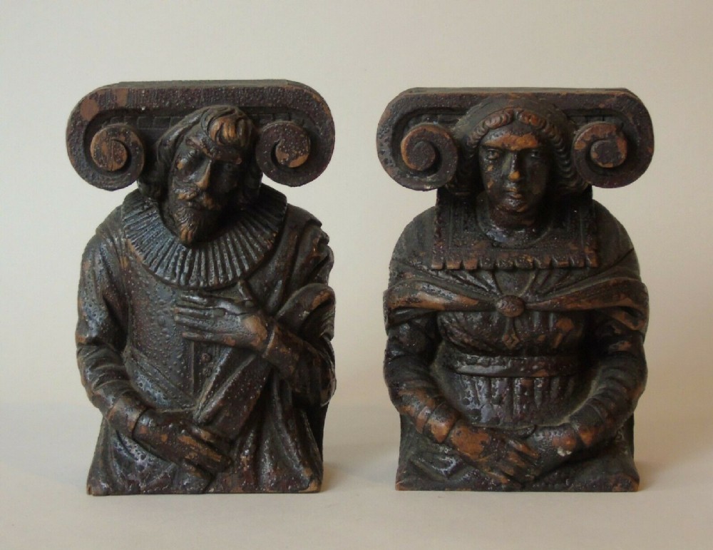 Charming Pair of 17th Century Figural Oak Carvings With Ionic Capitals