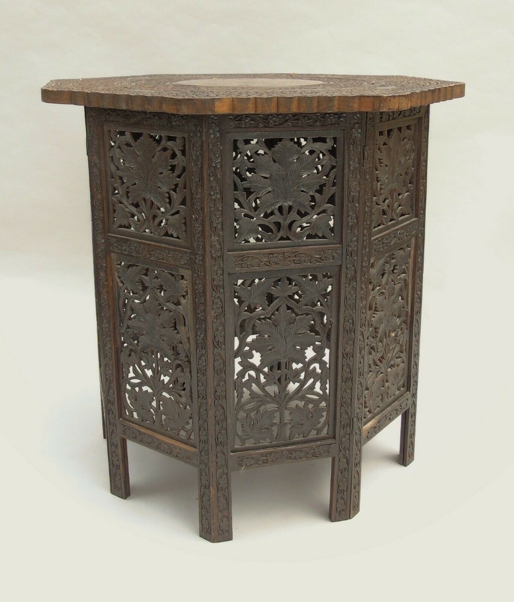 Antique Carved Indian Hardwood Table Inlaid Brass