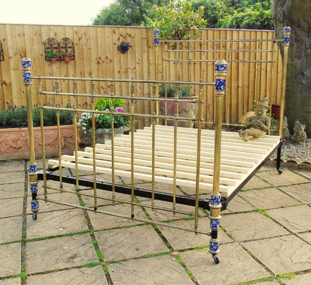 Victorian Brass Kingsize Bed Aesthetic Period With Calico Ceramic Detail