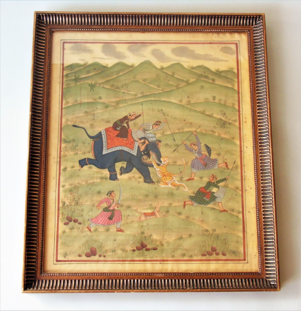 Antique Indian Painting on Silk Elephant Tiger Hunt View II