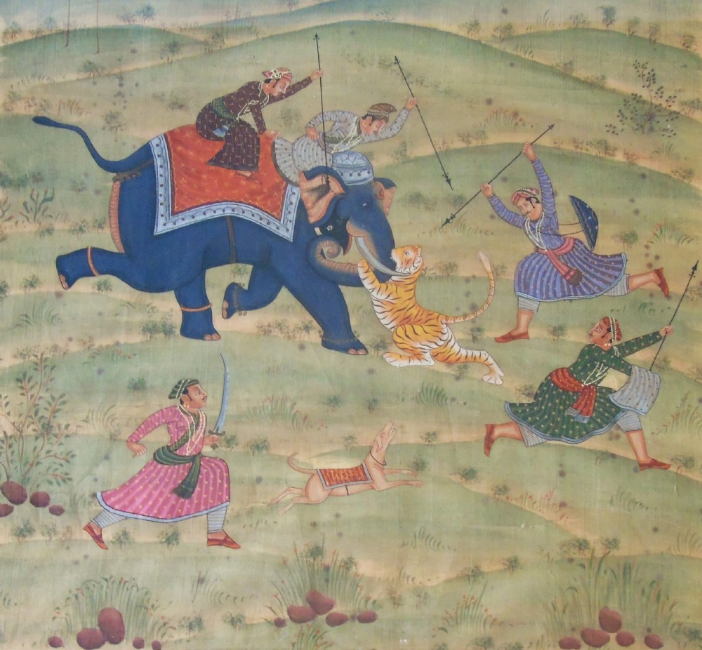 Antique Indian Painting on Silk Elephant Tiger Hunt View III