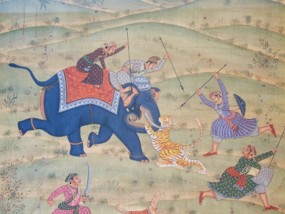 Antique Indian Painting on Silk Elephant Tiger Hunt View IV