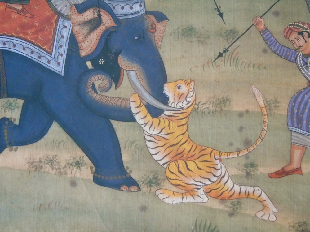 Antique Indian Painting on Silk Elephant Tiger Hunt View V