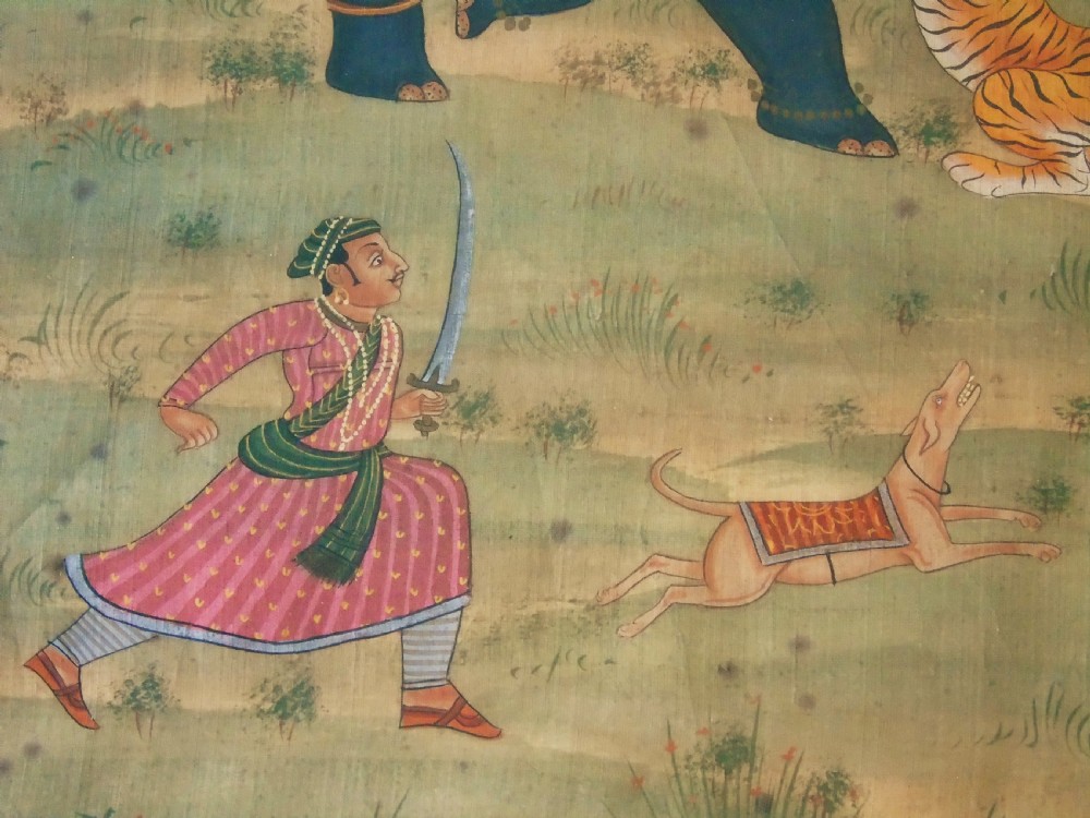 Antique Indian Painting on Silk Elephant Tiger Hunt View VI