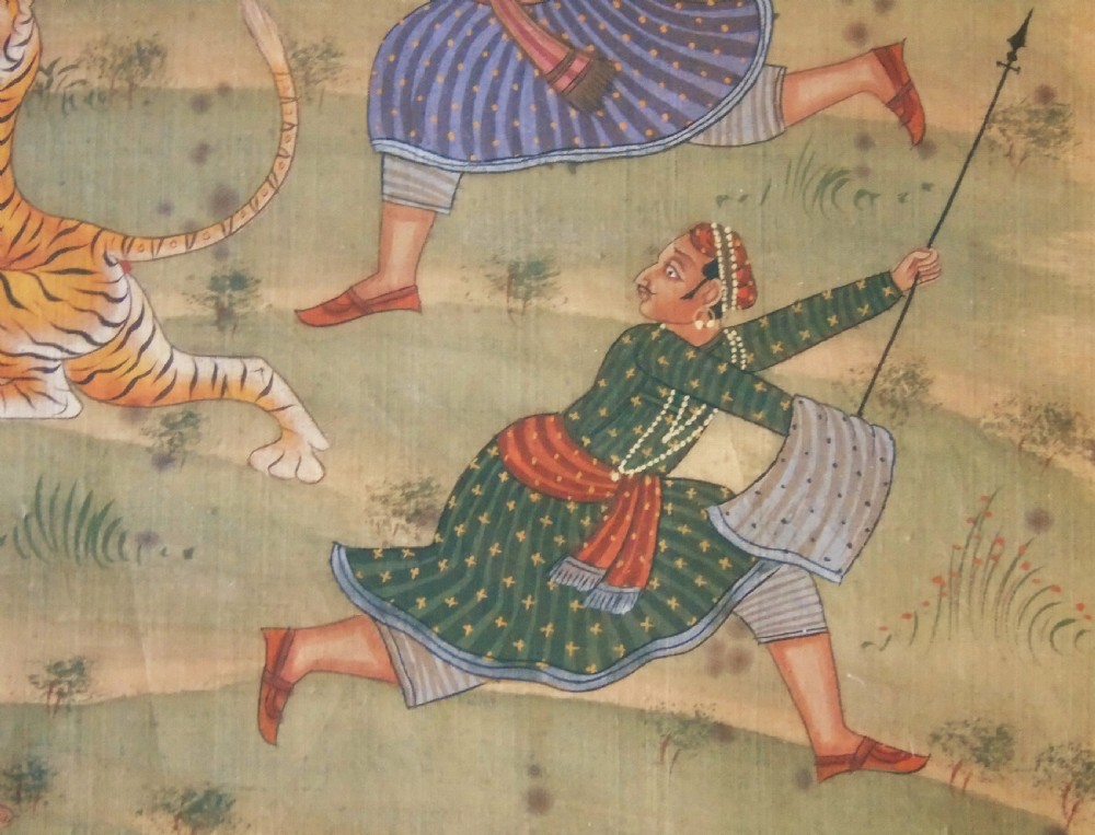 Antique Indian Painting on Silk Elephant Tiger Hunt View VII