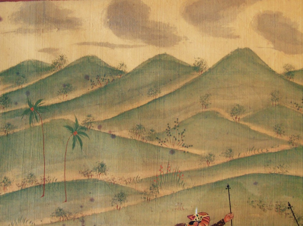Antique Indian Painting on Silk Elephant Tiger Hunt View VIII