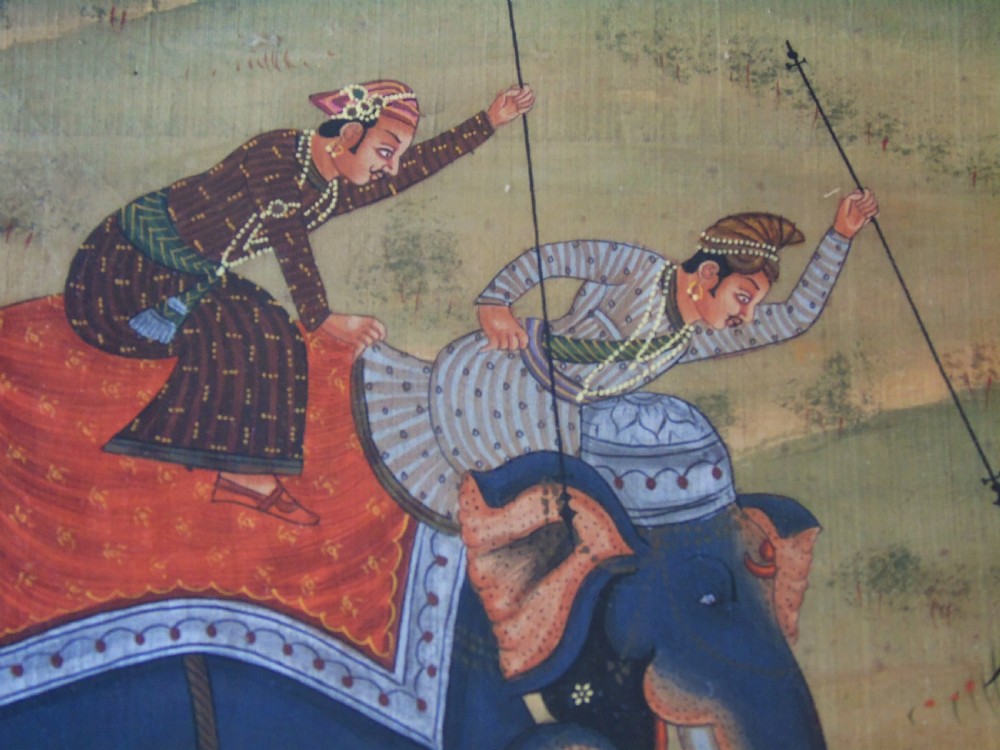 Antique Indian Painting on Silk Elephant Tiger Hunt View IX