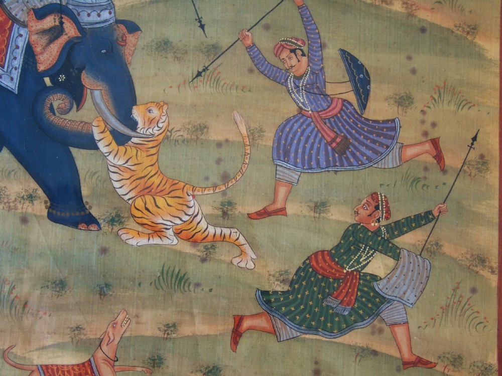 Antique Indian Painting on Silk Elephant Tiger Hunt View X