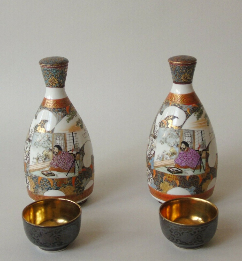 Meiji Period Japanese Kutani Porcelain Saki Bottles & Cups
