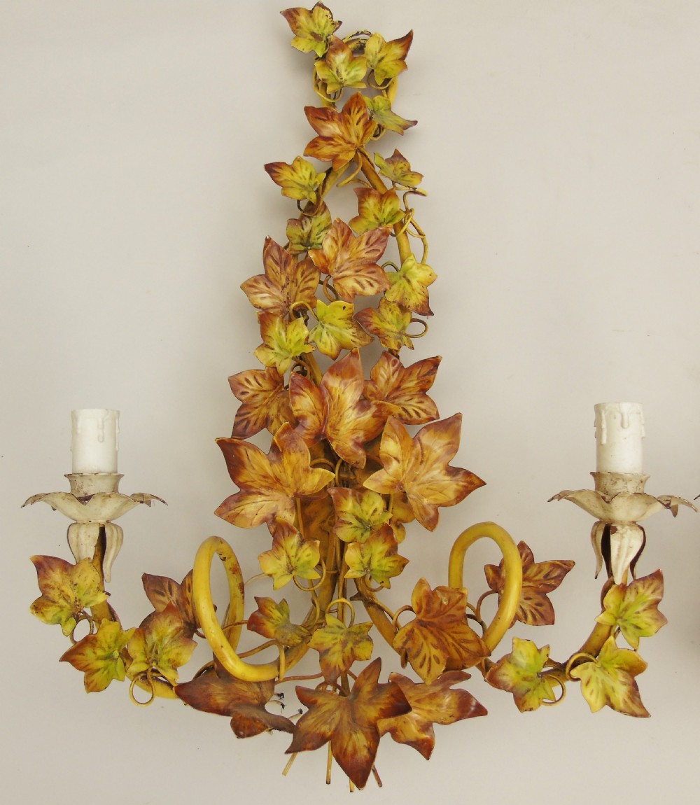 Pair Antique Painted Toleware Wall Lights French View II