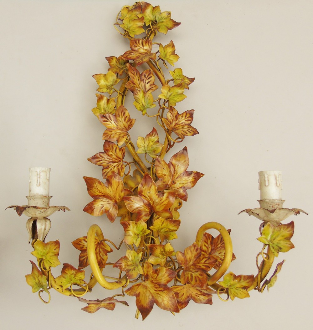 Pair Antique Painted Toleware Wall Lights French View III