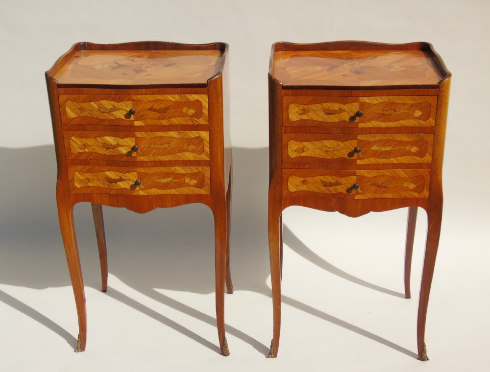 Antique Pair Inlaid Walnut Bedside Cabinets View V