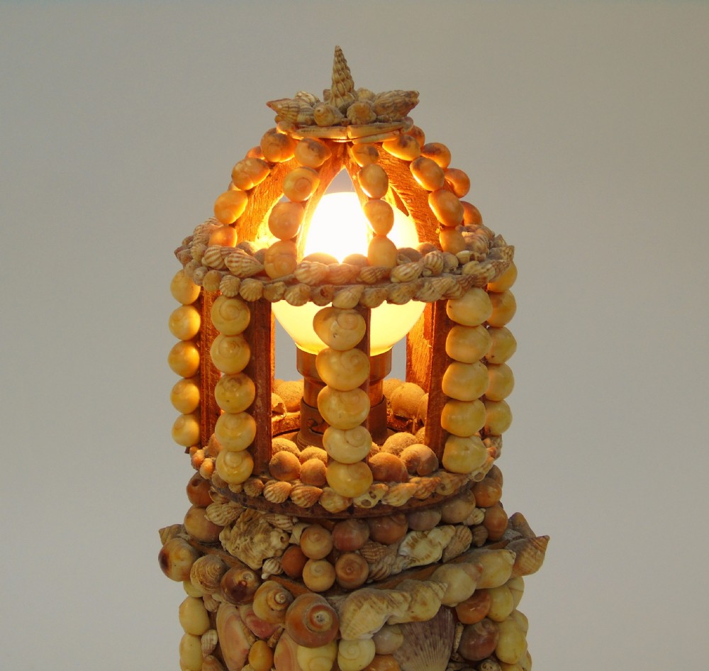 Vintage Folk Art Antique Shell Lamp Lighthouse View IV