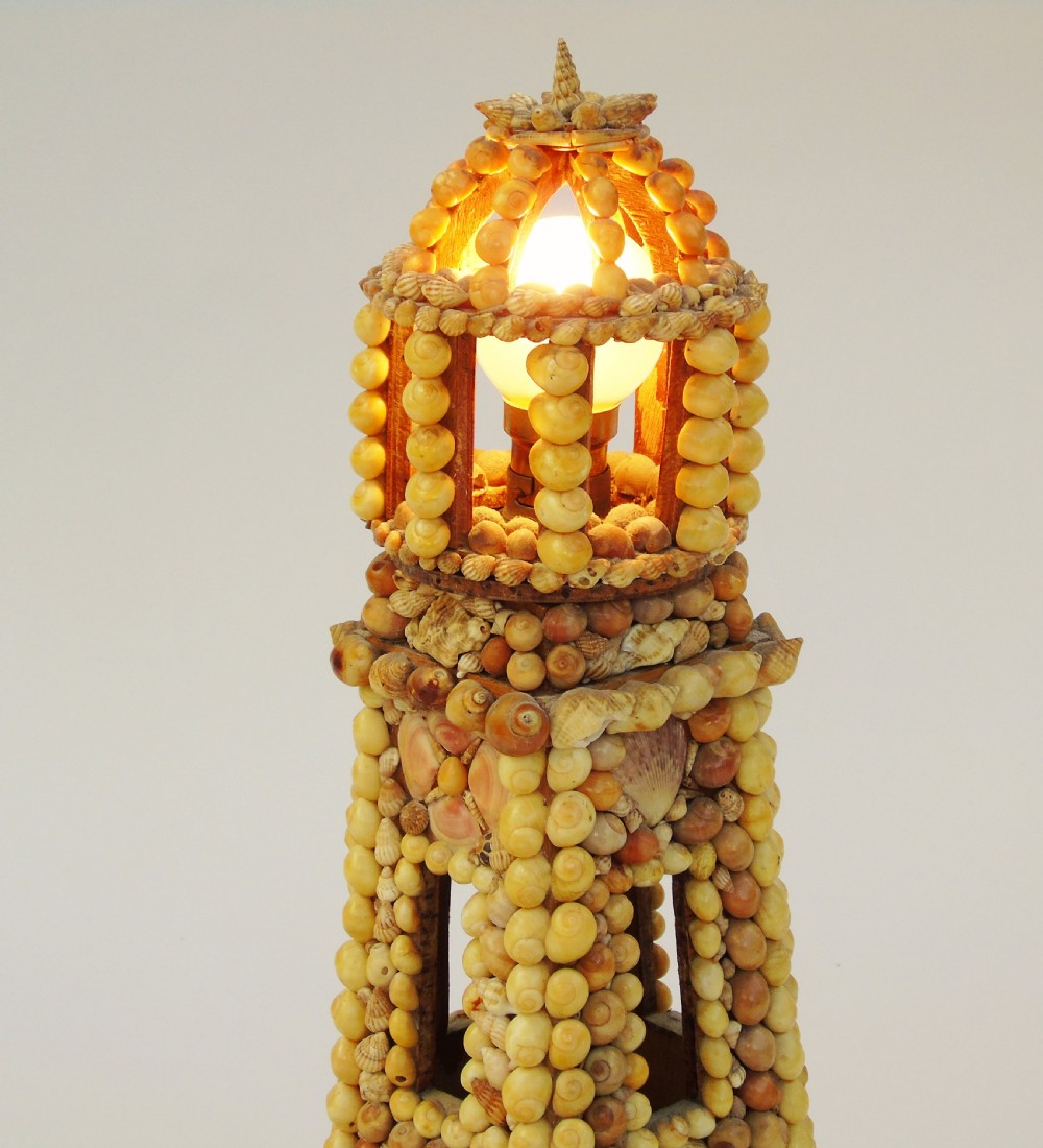 Vintage Folk Art Antique Shell Lamp Lighthouse View VIII