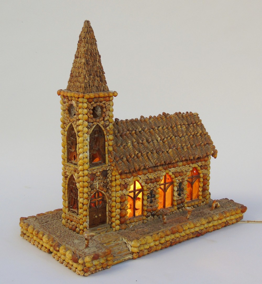 Vintage Folk Art Antique Shell Lamp Model Church