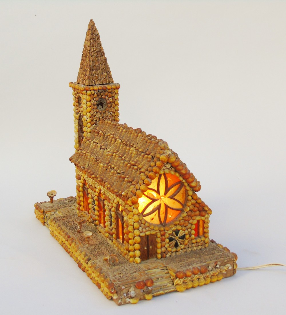 Vintage Folk Art Antique Shell Lamp Model Church View II