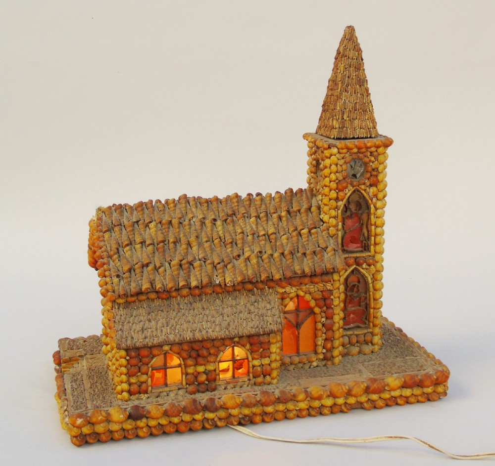 Vintage Folk Art Antique Shell Lamp Model Church View III