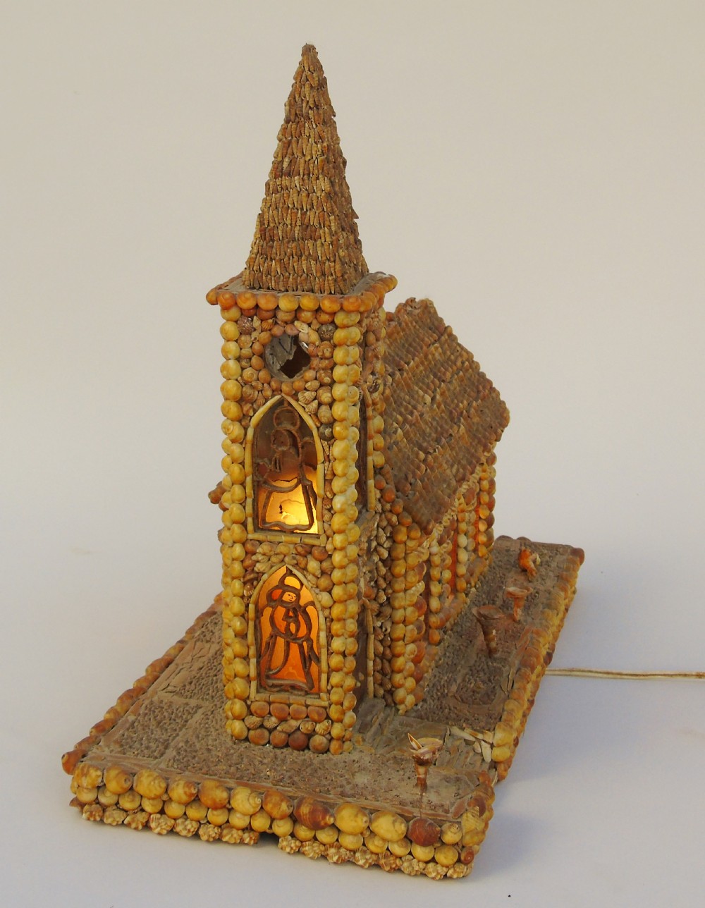 Vintage Folk Art Antique Shell Lamp Model Church View IV