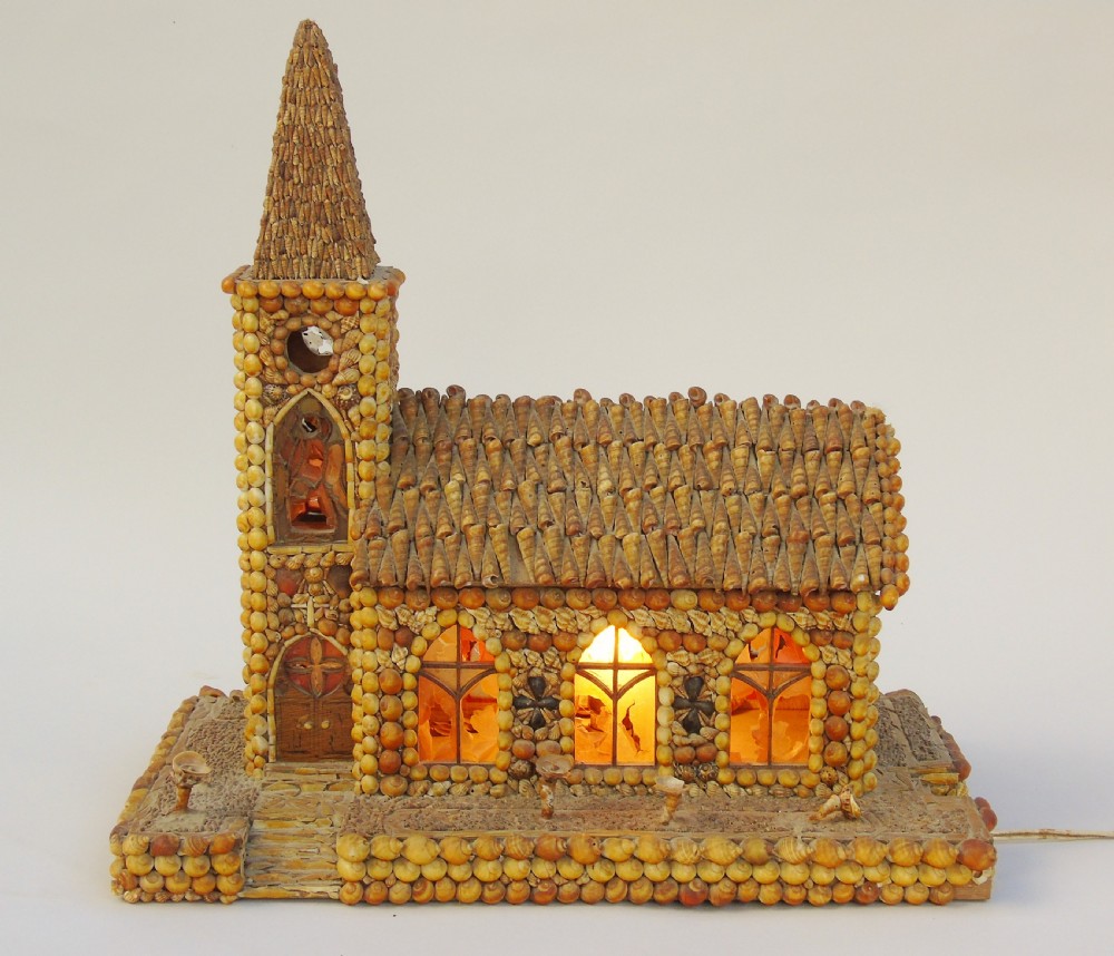 Vintage Folk Art Antique Shell Lamp Model Church View V