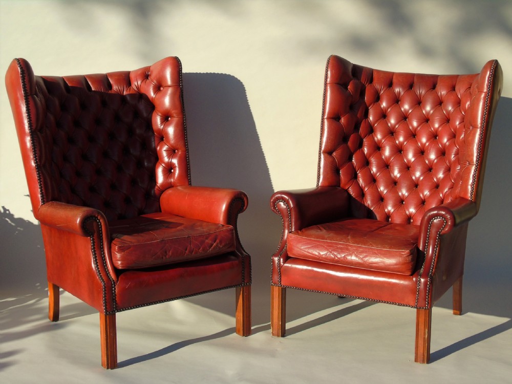 Pair of Antique Red Leather Wing Back Armchairs George III Style