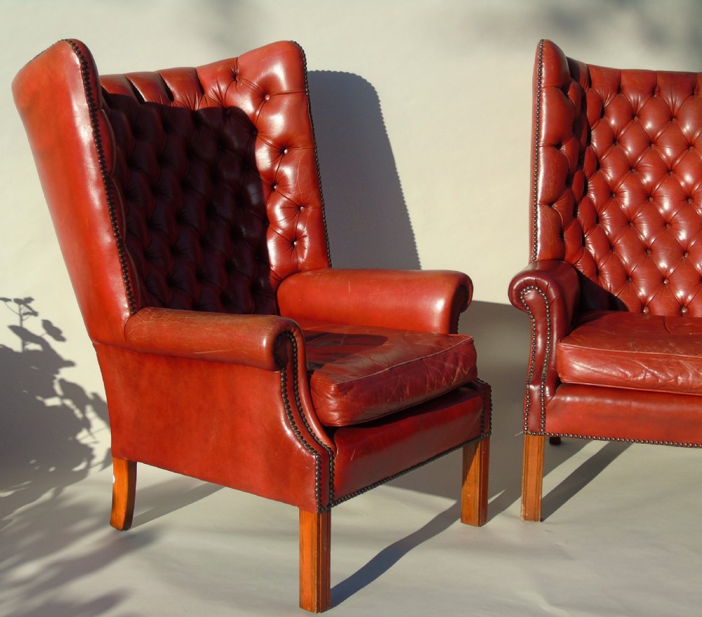 Pair of Antique Red Leather Wing Back Armchairs George III Style View II