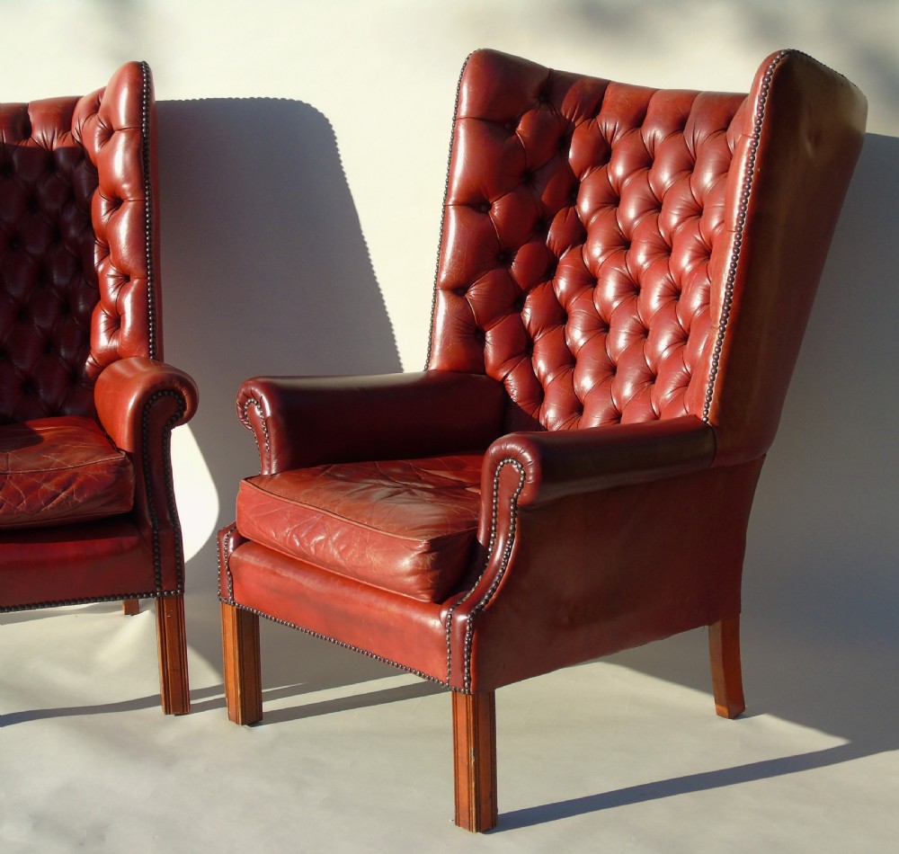 Pair of Antique Red Leather Wing Back Armchairs George III Style View III