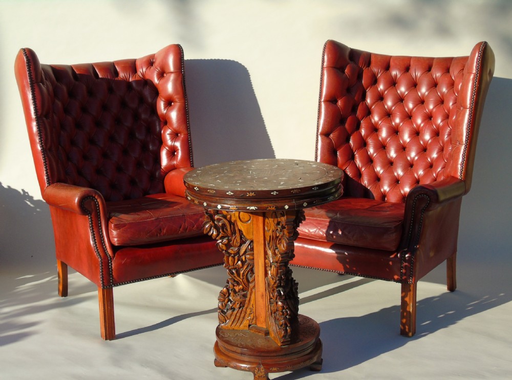 Pair of Antique Red Leather Wing Back Armchairs George III Style View IV