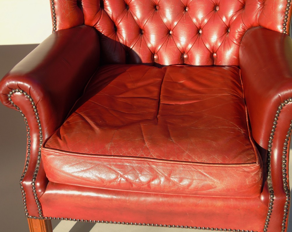 Pair of Antique Red Leather Wing Back Armchairs George III Style View VI