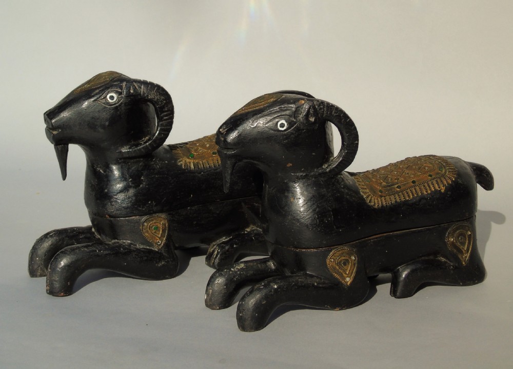 Unusual Pair of Antique Indian Carved Ram Boxes with Mica Panels