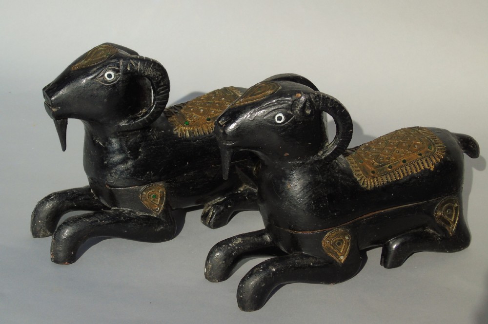 Unusual Pair of Antique Indian Carved Ram Boxes with Mica Panels View II