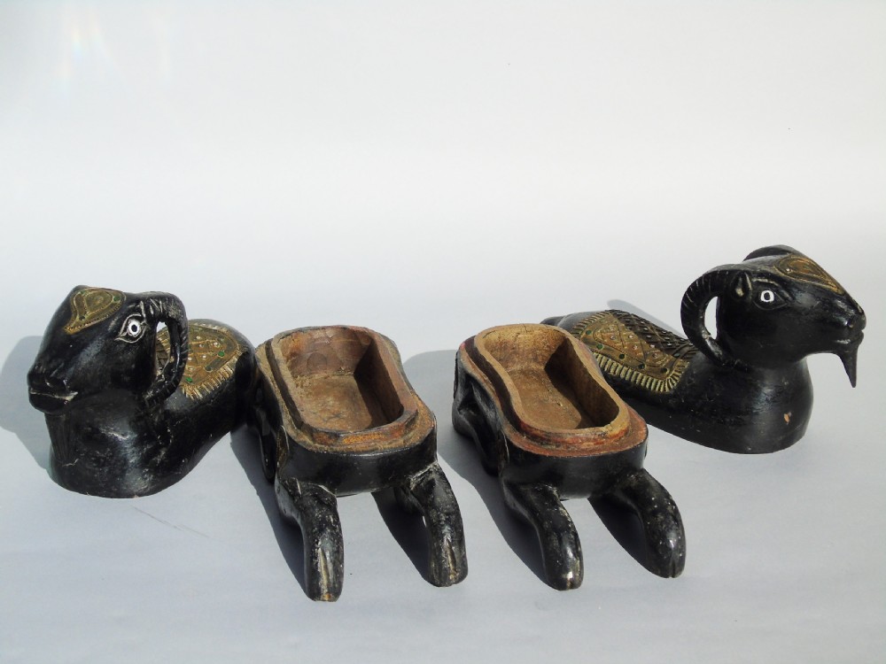 Unusual Pair of Antique Indian Carved Ram Boxes with Mica Panels View V