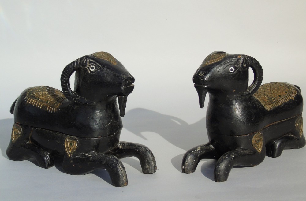 Unusual Pair of Antique Indian Carved Ram Boxes with Mica Panels View VI