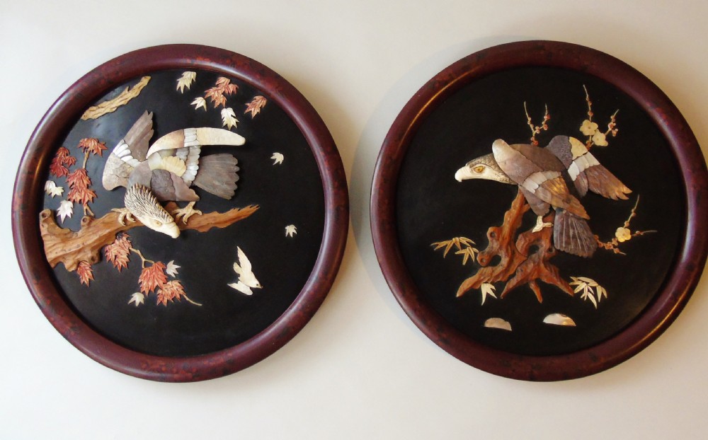 Antique Meiji Shibayama Plaques Eagles View IV