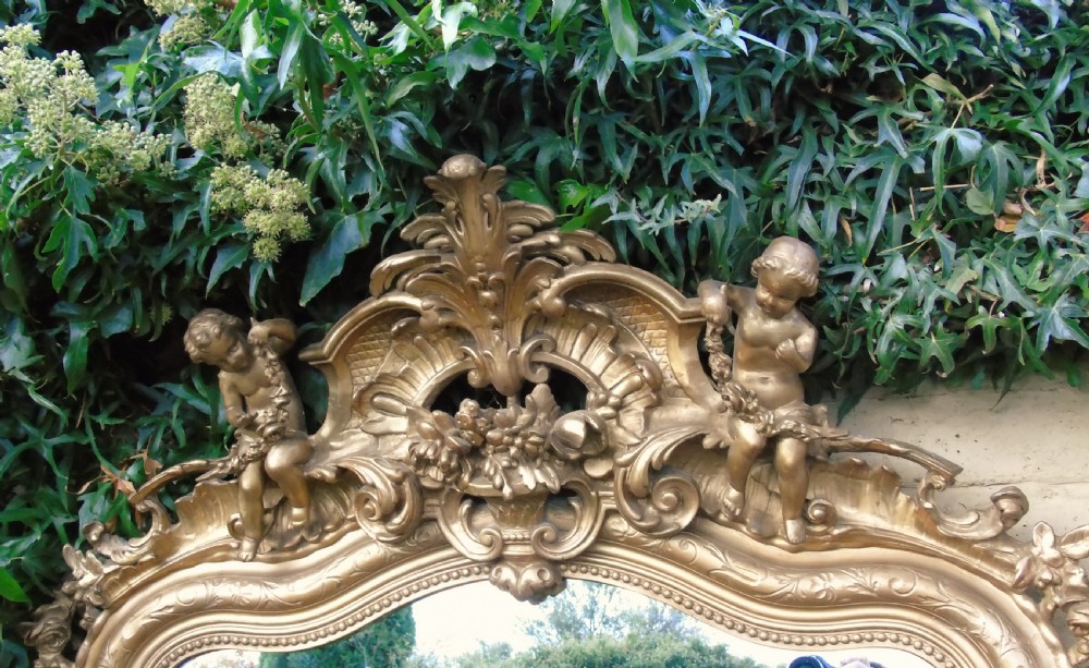 Superb Large French Gilt Mirror Cherub Crest View III